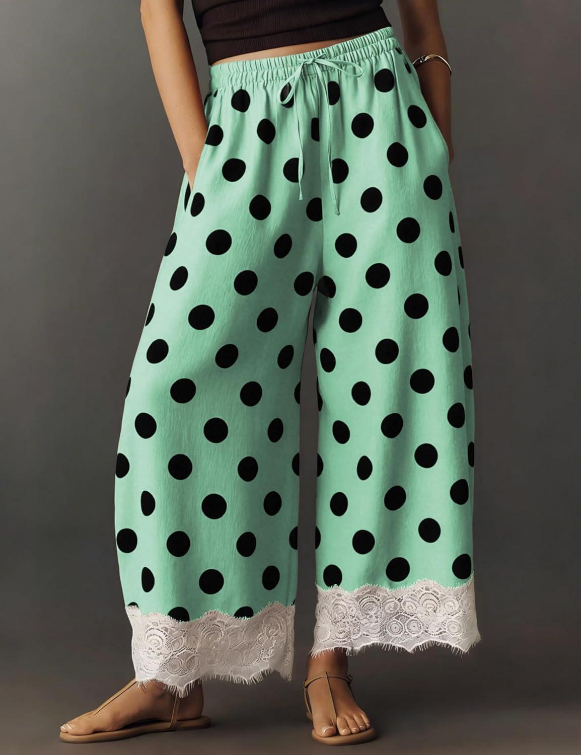 imageSpringrain Womens Polka Dot Wide Leg Pants Casual Drawstring Lace Hem Flowy Palazzo Trousers with PocketsGreen