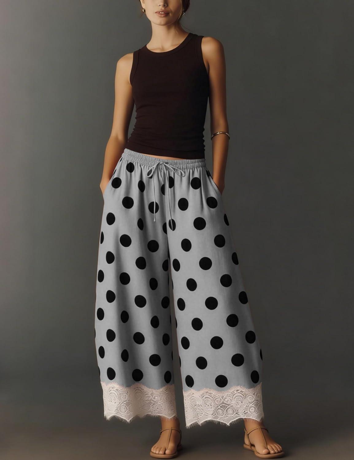 imageSpringrain Womens Polka Dot Wide Leg Pants Casual Drawstring Lace Hem Flowy Palazzo Trousers with PocketsGrey