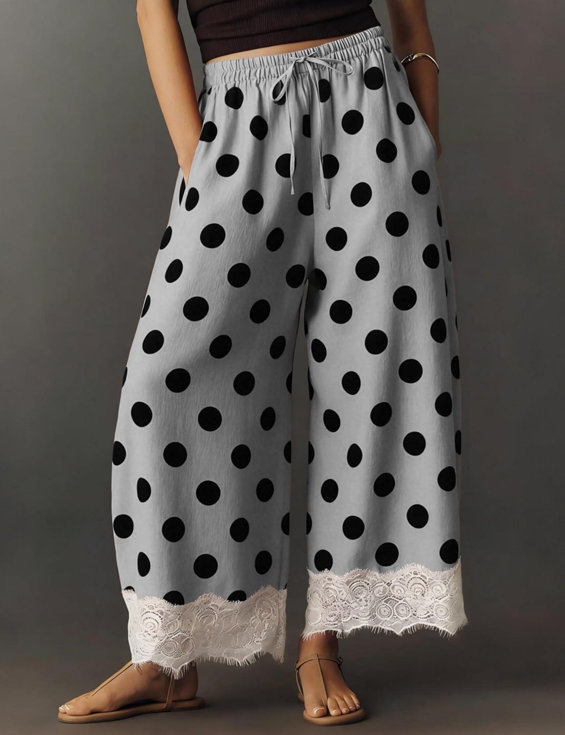 imageSpringrain Womens Polka Dot Wide Leg Pants Casual Drawstring Lace Hem Flowy Palazzo Trousers with PocketsGrey