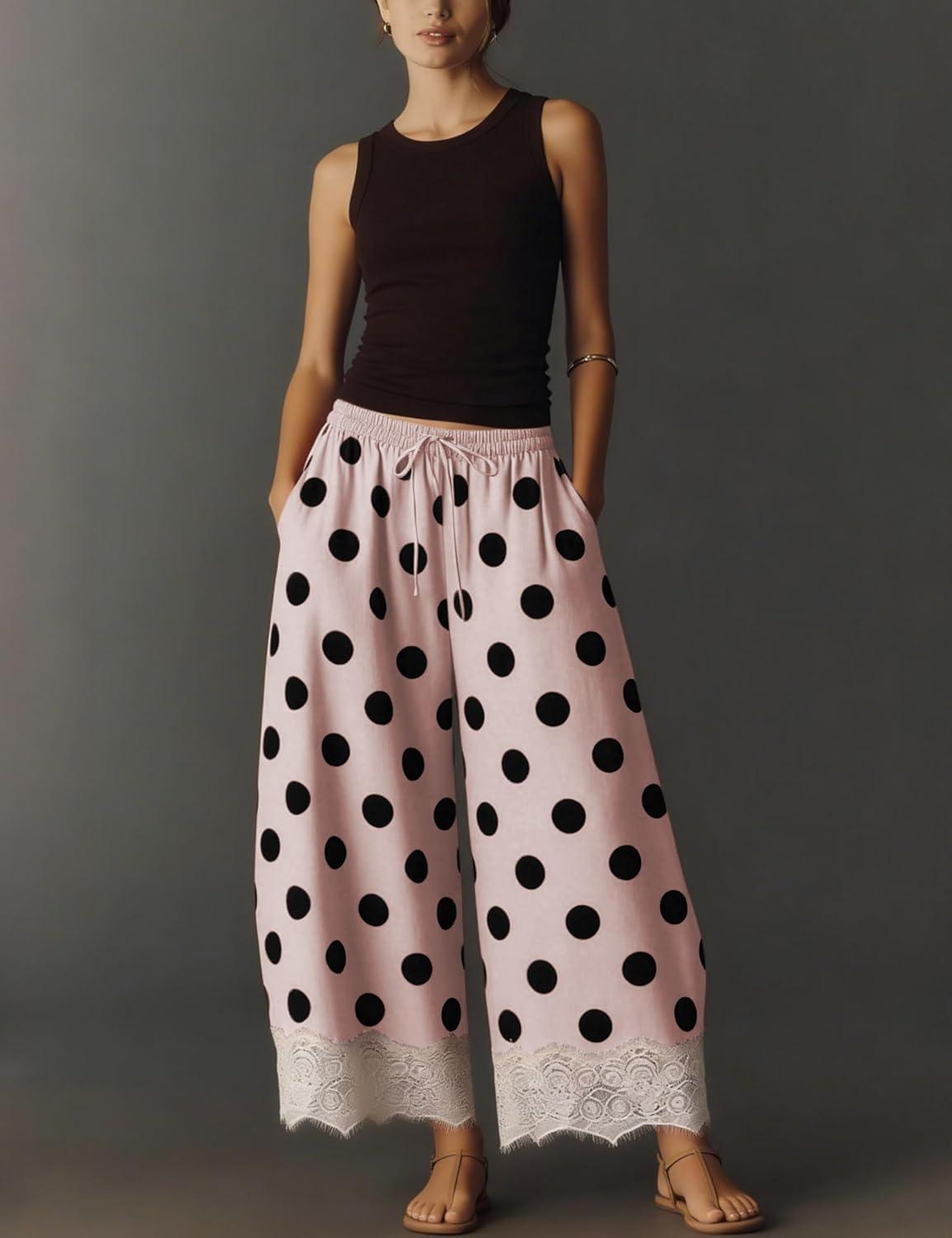 imageSpringrain Womens Polka Dot Wide Leg Pants Casual Drawstring Lace Hem Flowy Palazzo Trousers with PocketsPink