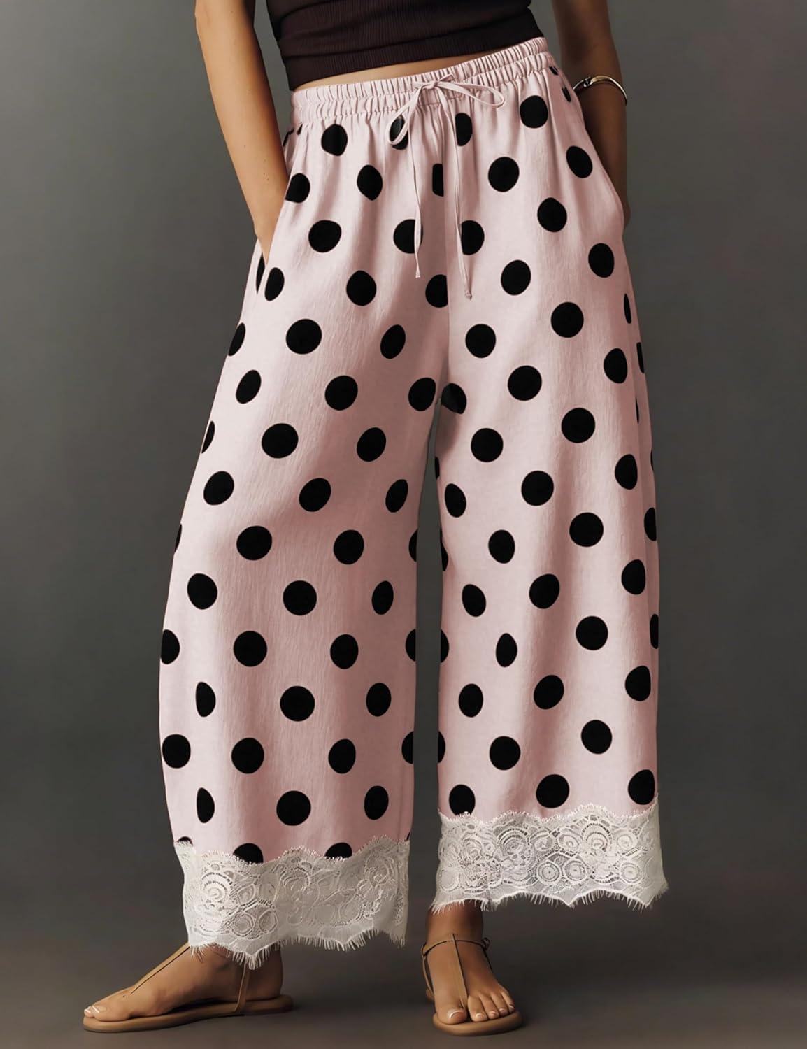 imageSpringrain Womens Polka Dot Wide Leg Pants Casual Drawstring Lace Hem Flowy Palazzo Trousers with PocketsPink