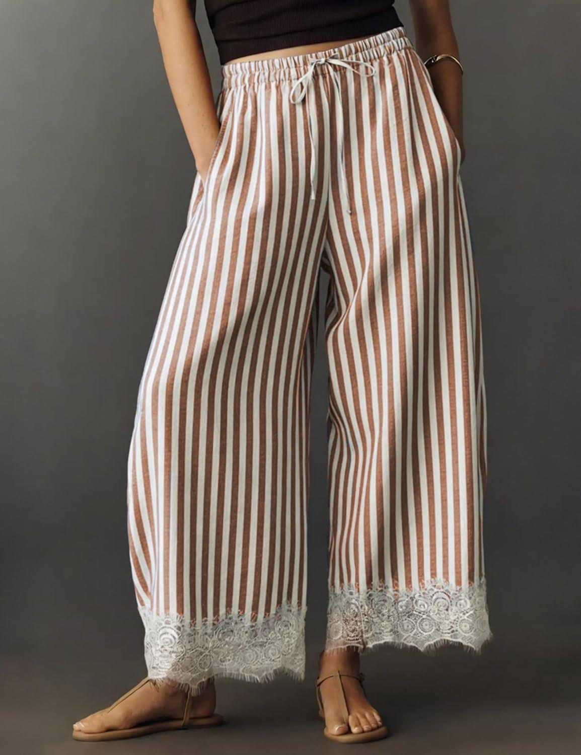 imageSpringrain Womens Striped Wide Leg Pants Casual High Waisted Drawstring Palazzo Trousers with Delicate Lace HemBrown