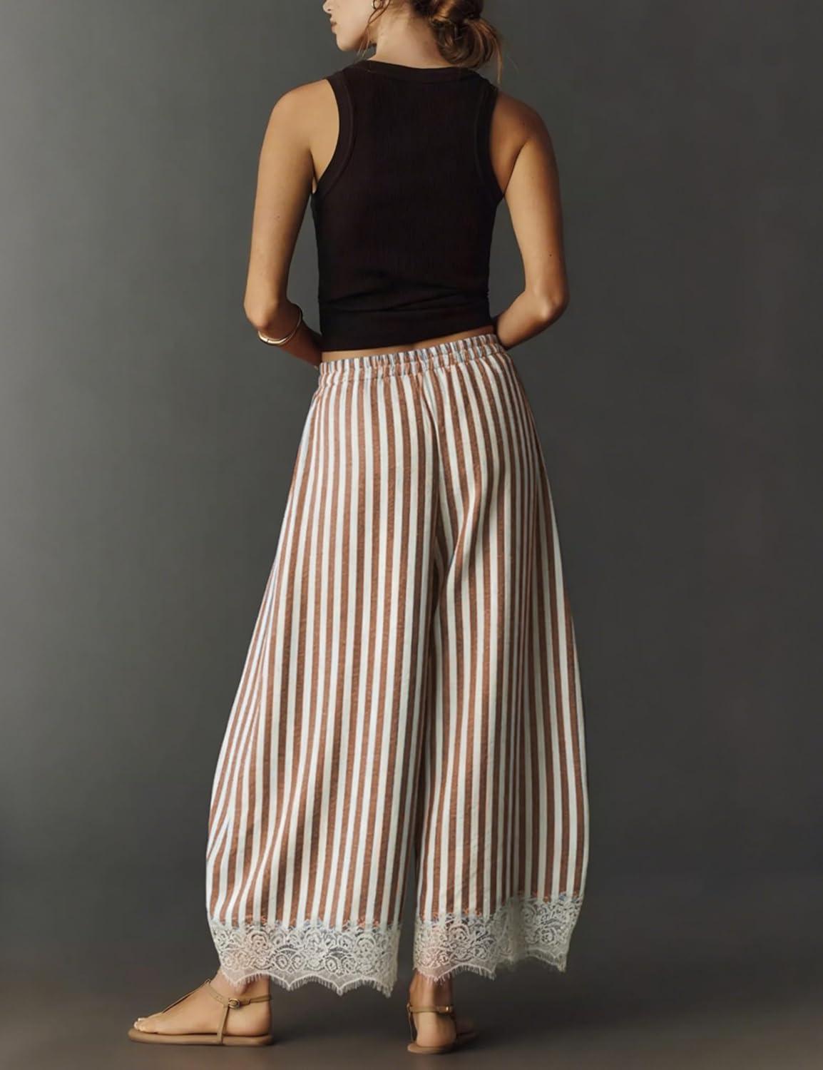 imageSpringrain Womens Striped Wide Leg Pants Casual High Waisted Drawstring Palazzo Trousers with Delicate Lace HemBrown