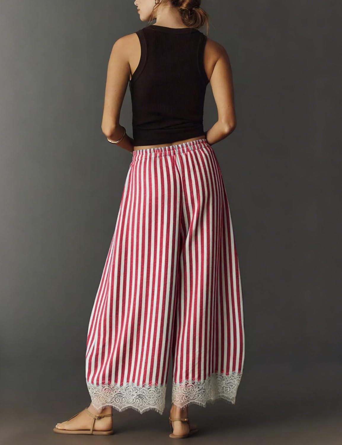 imageSpringrain Womens Striped Wide Leg Pants Casual High Waisted Drawstring Palazzo Trousers with Delicate Lace HemRed