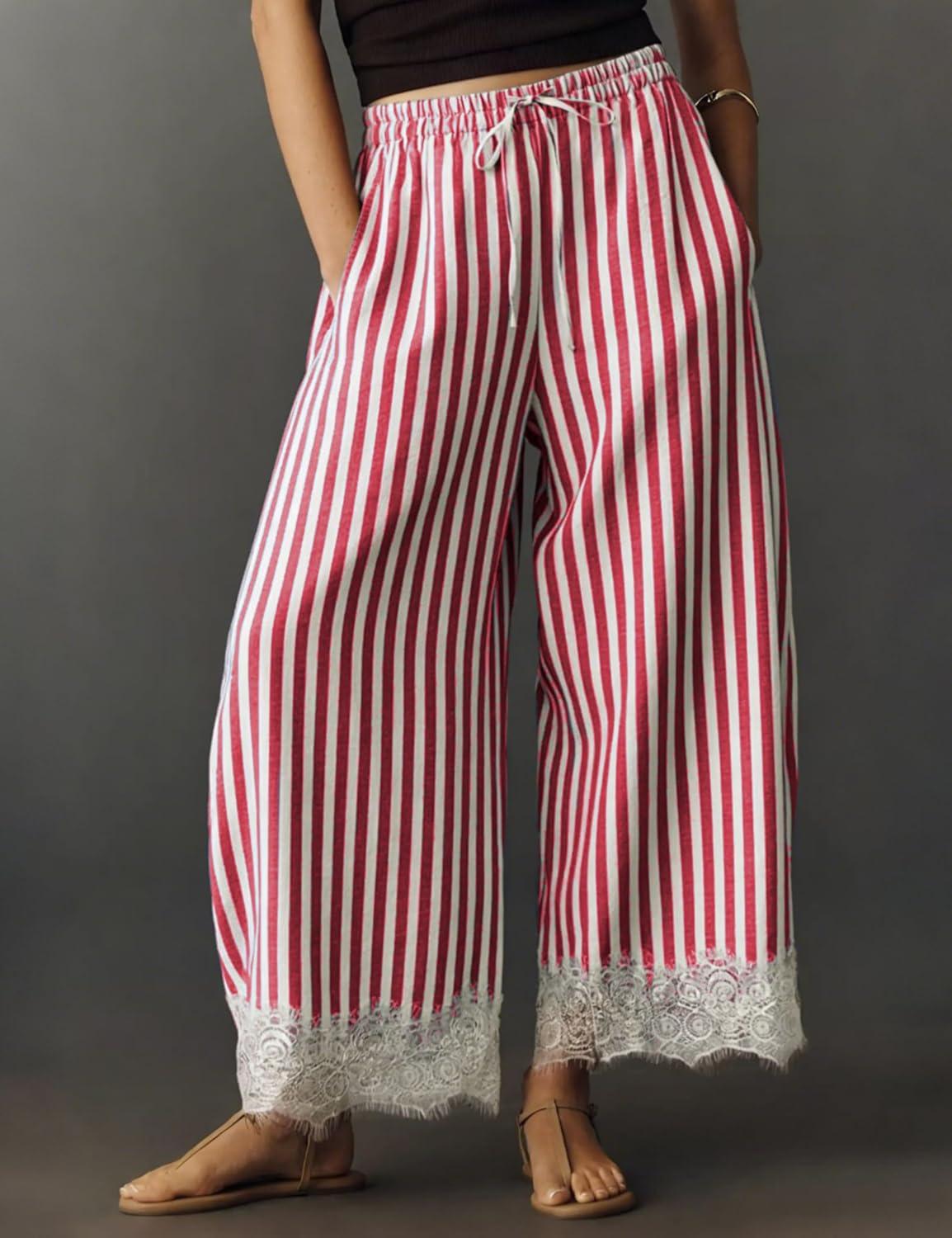 imageSpringrain Womens Striped Wide Leg Pants Casual High Waisted Drawstring Palazzo Trousers with Delicate Lace HemRed