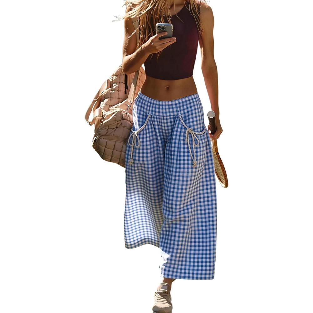 imageSpringrain Womens Checked Wide Leg Pants Casual Summer Beach Elastic Flowy Palazzo Pants Trousers with PocketsBlue