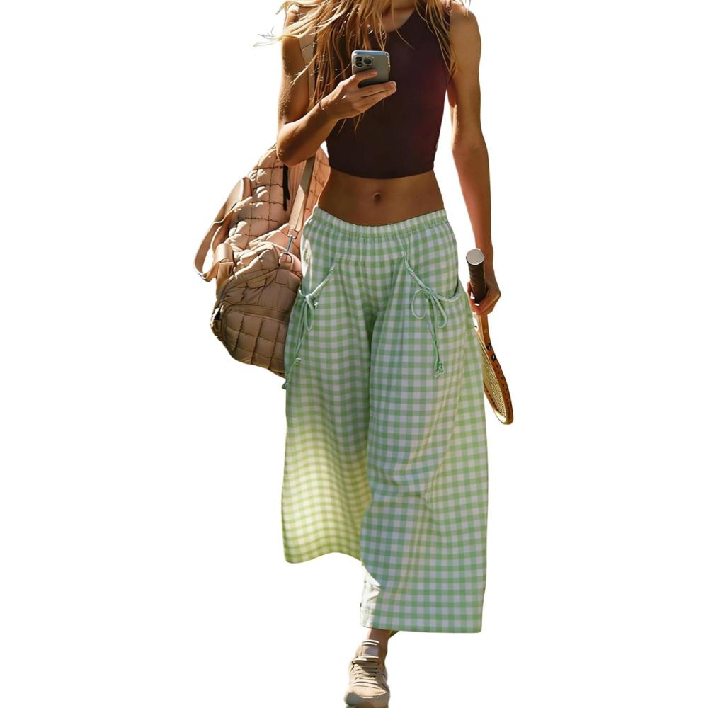 imageSpringrain Womens Checked Wide Leg Pants Casual Summer Beach Elastic Flowy Palazzo Pants Trousers with PocketsGreen