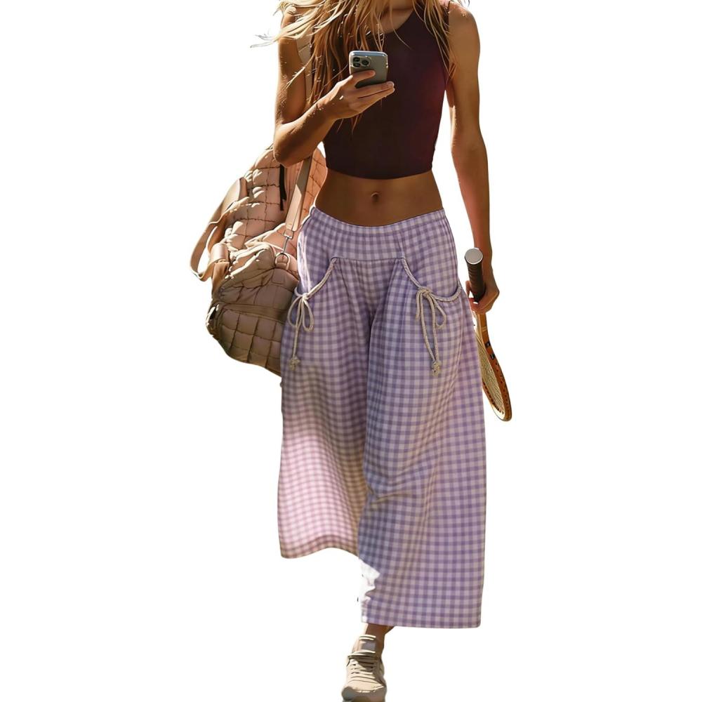 imageSpringrain Womens Checked Wide Leg Pants Casual Summer Beach Elastic Flowy Palazzo Pants Trousers with PocketsPurple