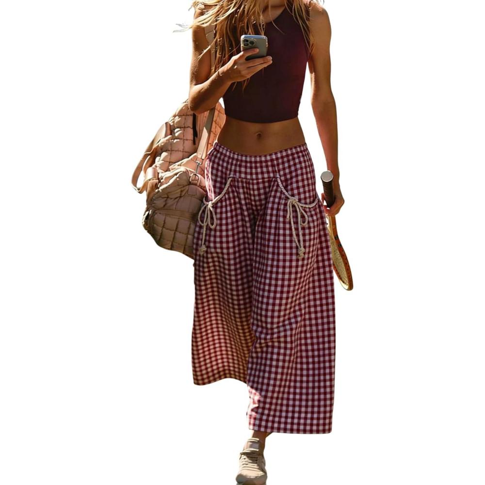 imageSpringrain Womens Checked Wide Leg Pants Casual Summer Beach Elastic Flowy Palazzo Pants Trousers with PocketsRed