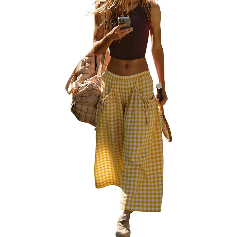 imageSpringrain Womens Checked Wide Leg Pants Casual Summer Beach Elastic Flowy Palazzo Pants Trousers with PocketsYellow