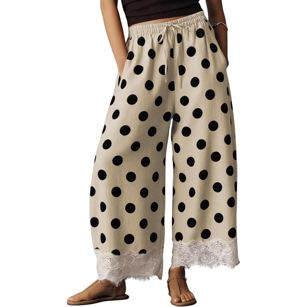 imageSpringrain Womens Polka Dot Wide Leg Pants Casual Drawstring Lace Hem Flowy Palazzo Trousers with PocketsBeige