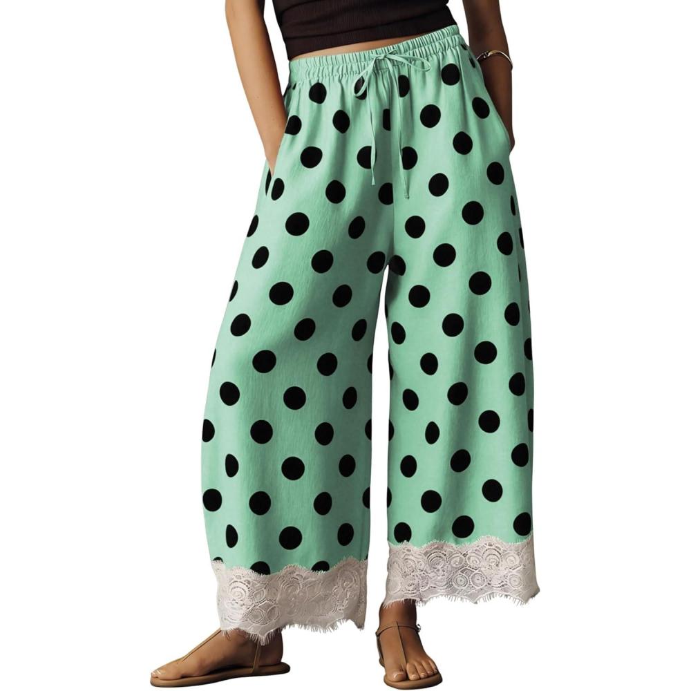 imageSpringrain Womens Polka Dot Wide Leg Pants Casual Drawstring Lace Hem Flowy Palazzo Trousers with PocketsGreen