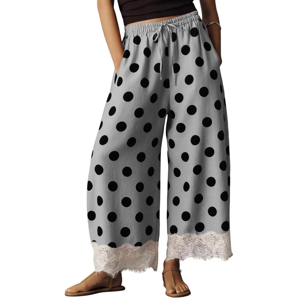 imageSpringrain Womens Polka Dot Wide Leg Pants Casual Drawstring Lace Hem Flowy Palazzo Trousers with PocketsGrey