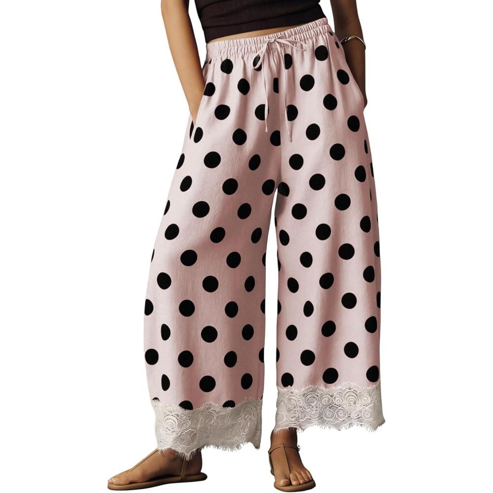 imageSpringrain Womens Polka Dot Wide Leg Pants Casual Drawstring Lace Hem Flowy Palazzo Trousers with PocketsPink