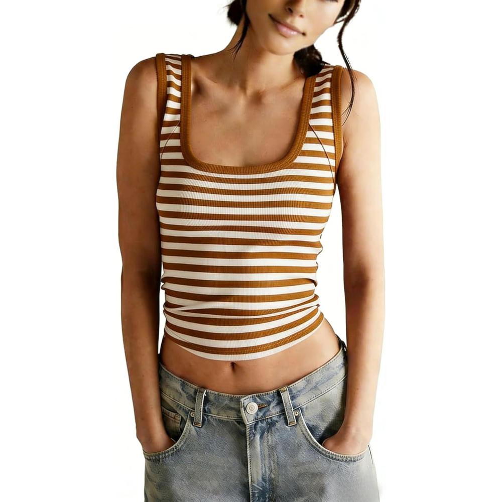 imageSpringrain Womens Striped Ribbed Knit Tank Tops Sleeveless Square Neck Slim Fitted Cami Tee Shirts Basic TanksBrown