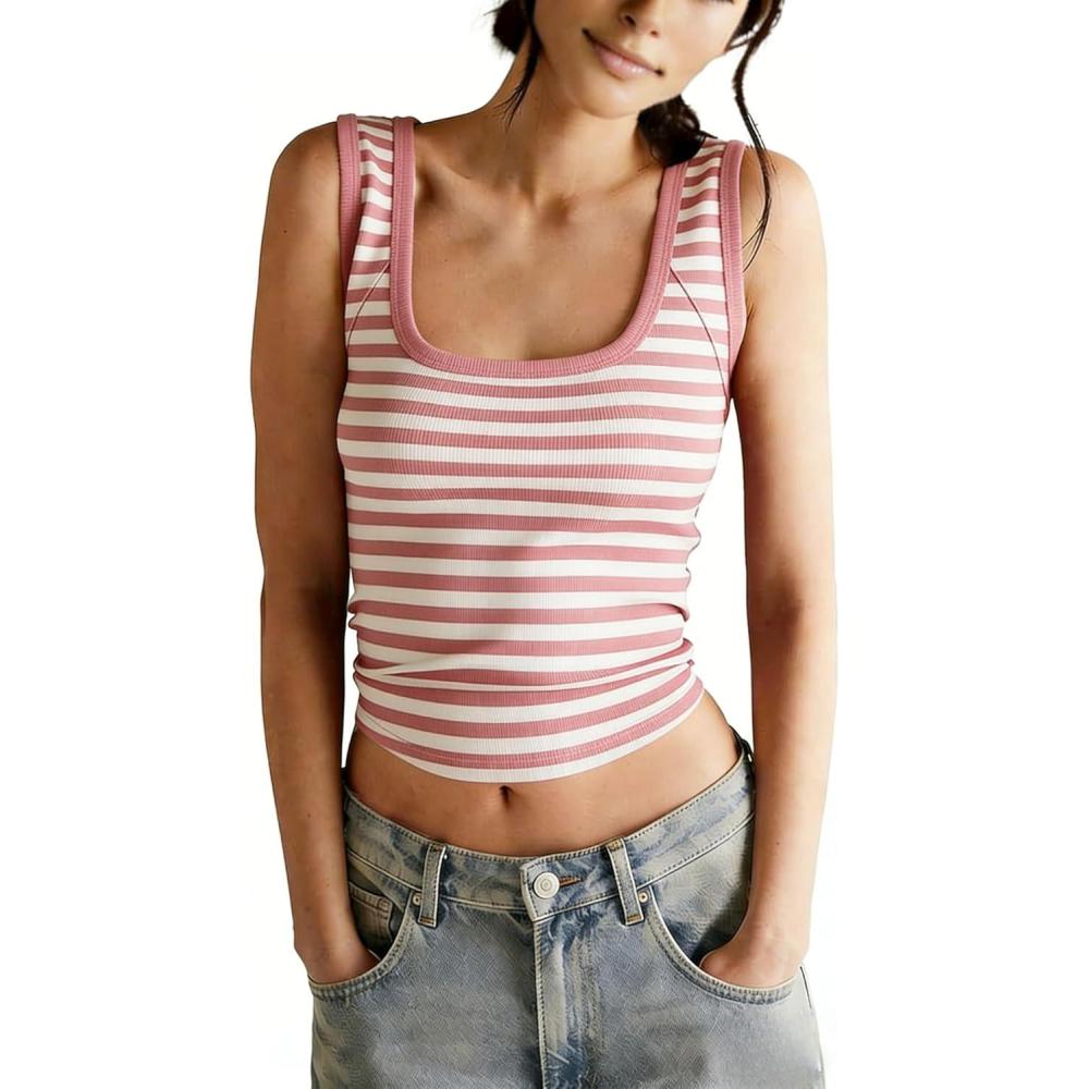 imageSpringrain Womens Striped Ribbed Knit Tank Tops Sleeveless Square Neck Slim Fitted Cami Tee Shirts Basic TanksPink