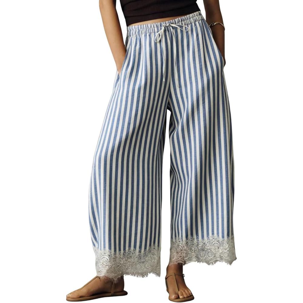 imageSpringrain Womens Striped Wide Leg Pants Casual High Waisted Drawstring Palazzo Trousers with Delicate Lace HemBlue
