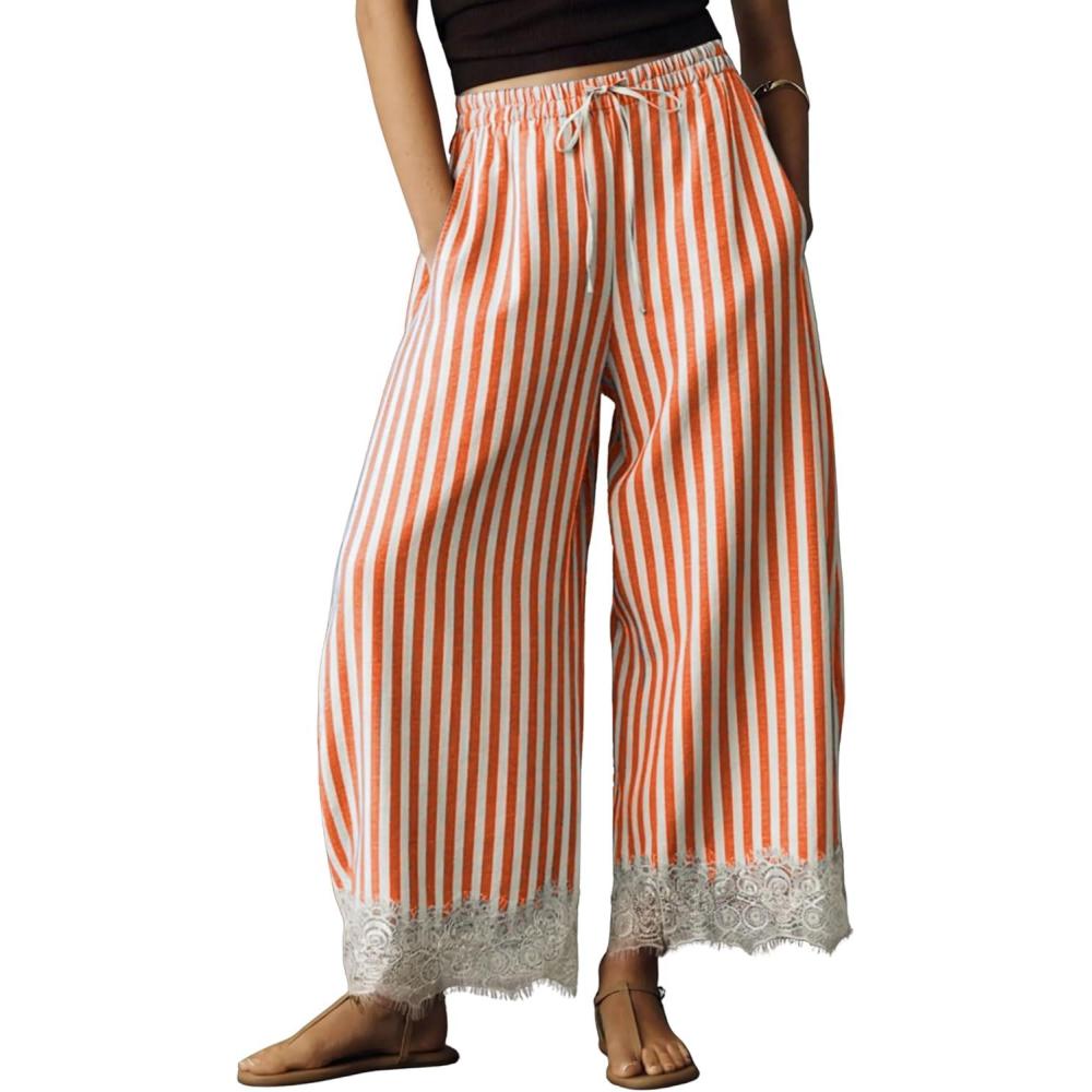 imageSpringrain Womens Striped Wide Leg Pants Casual High Waisted Drawstring Palazzo Trousers with Delicate Lace HemOrange