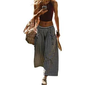 Springrain Women’s Checked Wide Leg Pants Casual Summer Beach Elastic Flowy Palazzo Pants Trousers with Pockets(Black)