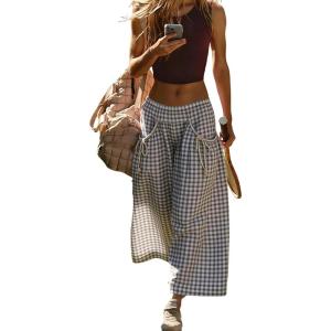 Springrain Women’s Checked Wide Leg Pants Casual Summer Beach Elastic Flowy Palazzo Pants Trousers with Pockets(Grey)