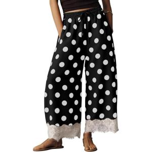 Springrain Women’s Polka Dot Wide Leg Pants Casual Drawstring Lace Hem Flowy Palazzo Trousers with Pockets(Black)