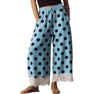 Springrain Women’s Polka Dot Wide Leg Pants Casual Drawstring Lace Hem Flowy Palazzo Trousers with Pockets(Blue)