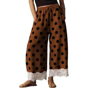 Springrain Women’s Polka Dot Wide Leg Pants Casual Drawstring Lace Hem Flowy Palazzo Trousers with Pockets(Brown)