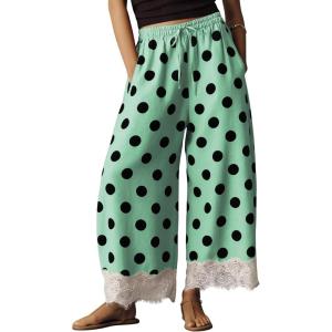 Springrain Women’s Polka Dot Wide Leg Pants Casual Drawstring Lace Hem Flowy Palazzo Trousers with Pockets(Green)