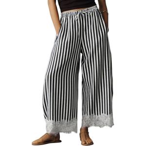Springrain Women’s Striped Wide Leg Pants Casual High Waisted Drawstring Palazzo Trousers with Delicate Lace Hem(Black)
