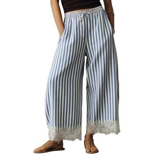 Springrain Women’s Striped Wide Leg Pants Casual High Waisted Drawstring Palazzo Trousers with Delicate Lace Hem(Blue)