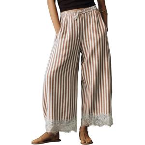 Springrain Women’s Striped Wide Leg Pants Casual High Waisted Drawstring Palazzo Trousers with Delicate Lace Hem(Brown)