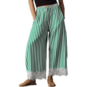 Springrain Women’s Striped Wide Leg Pants Casual High Waisted Drawstring Palazzo Trousers with Delicate Lace Hem(Green)