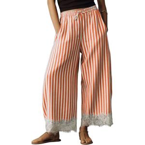 Springrain Women’s Striped Wide Leg Pants Casual High Waisted Drawstring Palazzo Trousers with Delicate Lace Hem(Orange)