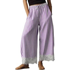 Springrain Women’s Striped Wide Leg Pants Casual High Waisted Drawstring Palazzo Trousers with Delicate Lace Hem(Purple)