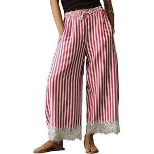 Springrain Women’s Striped Wide Leg Pants Casual High Waisted Drawstring Palazzo Trousers with Delicate Lace Hem(Red)