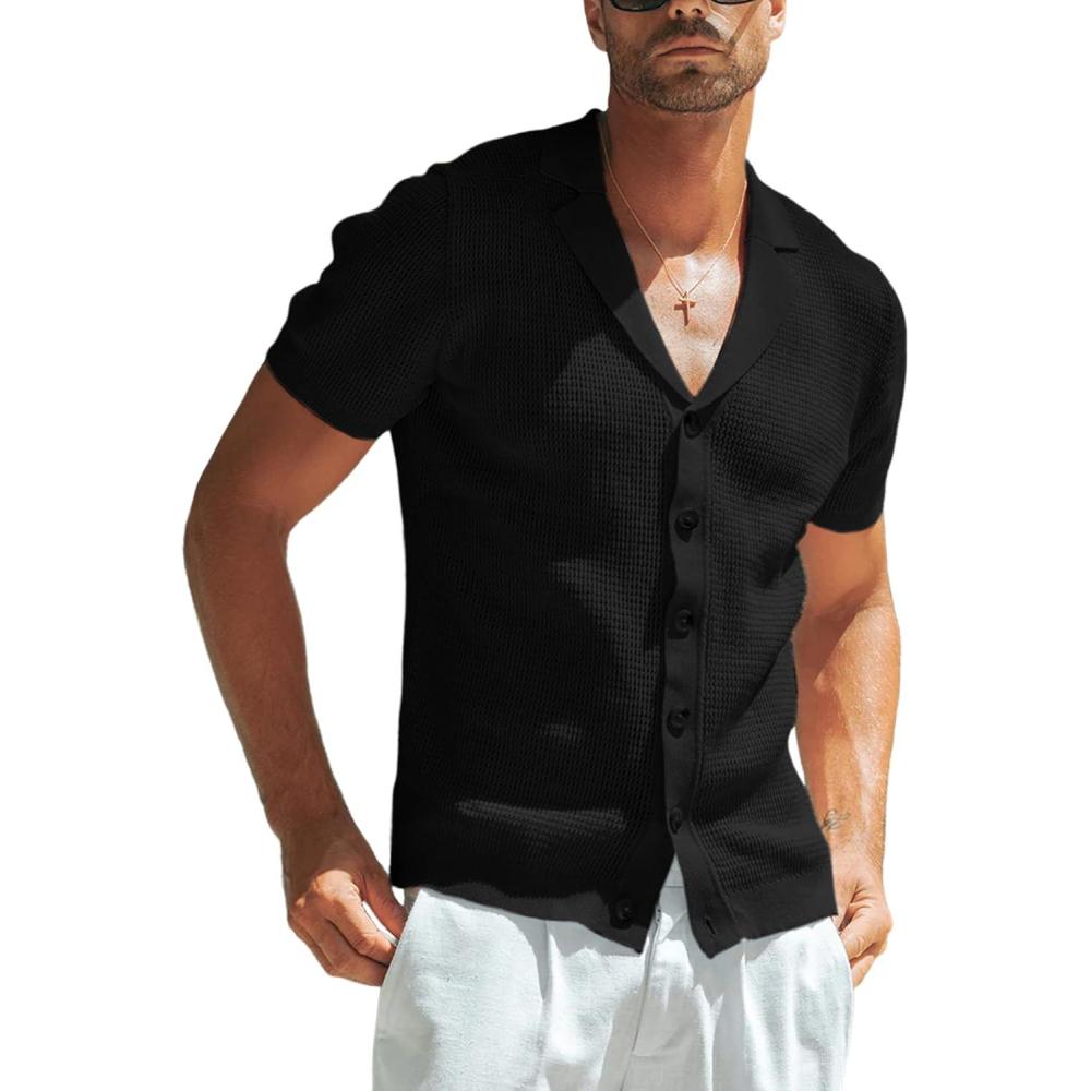 imageSpringrain Mens Knit Button Down Shirts Casual Short Sleeve Hollow Out Summer Beach Polo ShirtBlack