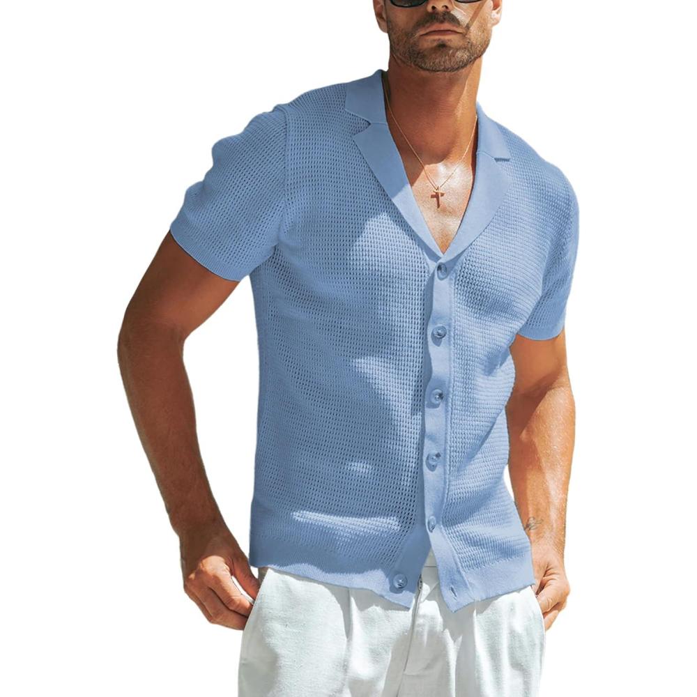imageSpringrain Mens Knit Button Down Shirts Casual Short Sleeve Hollow Out Summer Beach Polo ShirtBlue