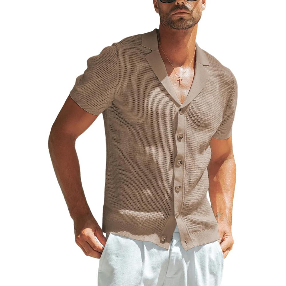 imageSpringrain Mens Knit Button Down Shirts Casual Short Sleeve Hollow Out Summer Beach Polo ShirtKhaki