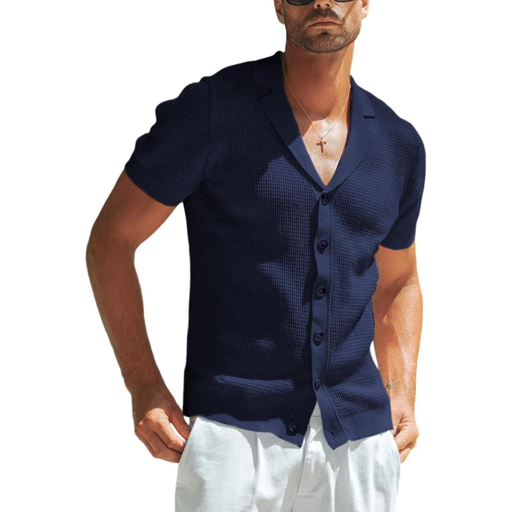 imageSpringrain Mens Knit Button Down Shirts Casual Short Sleeve Hollow Out Summer Beach Polo ShirtNavy