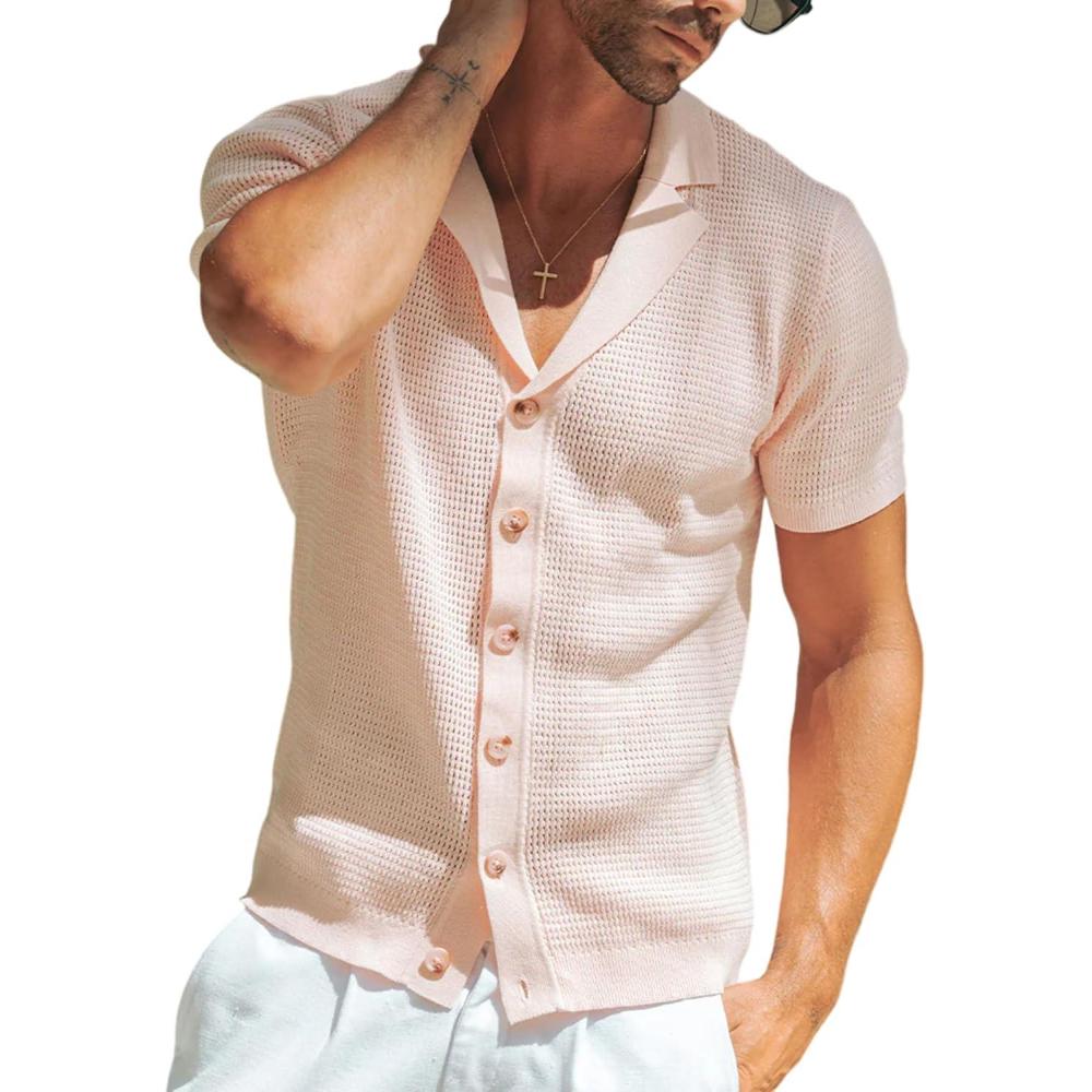 imageSpringrain Mens Knit Button Down Shirts Casual Short Sleeve Hollow Out Summer Beach Polo ShirtPink