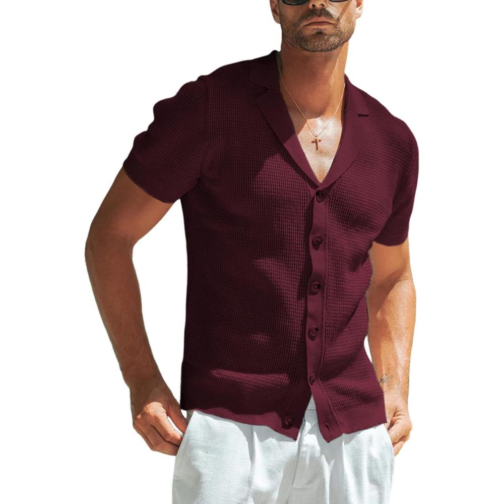 imageSpringrain Mens Knit Button Down Shirts Casual Short Sleeve Hollow Out Summer Beach Polo ShirtWinered