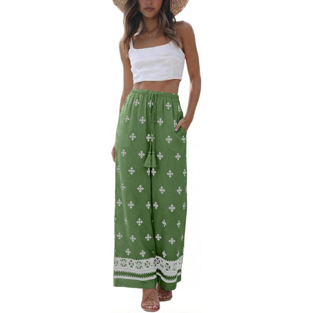 imageSpringrain Womens Boho Wide Leg Linen Pants Casual High Waist Drawstring Summer Floral Palazzo Trousers with PocketsGreen
