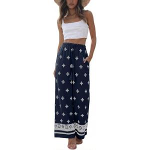 Springrain Women’s Boho Wide Leg Linen Pants Casual High Waist Drawstring Summer Floral Palazzo Trousers with Pockets(Navy)