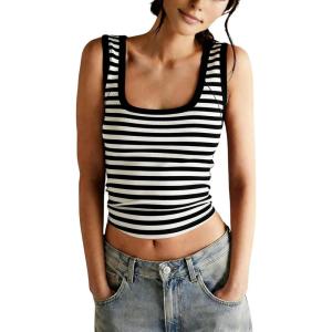 Springrain Women’s Striped Ribbed Knit Tank Tops Sleeveless Scoop Neck Slim Fitted Cami Tee Shirts Basic Tanks(Black)