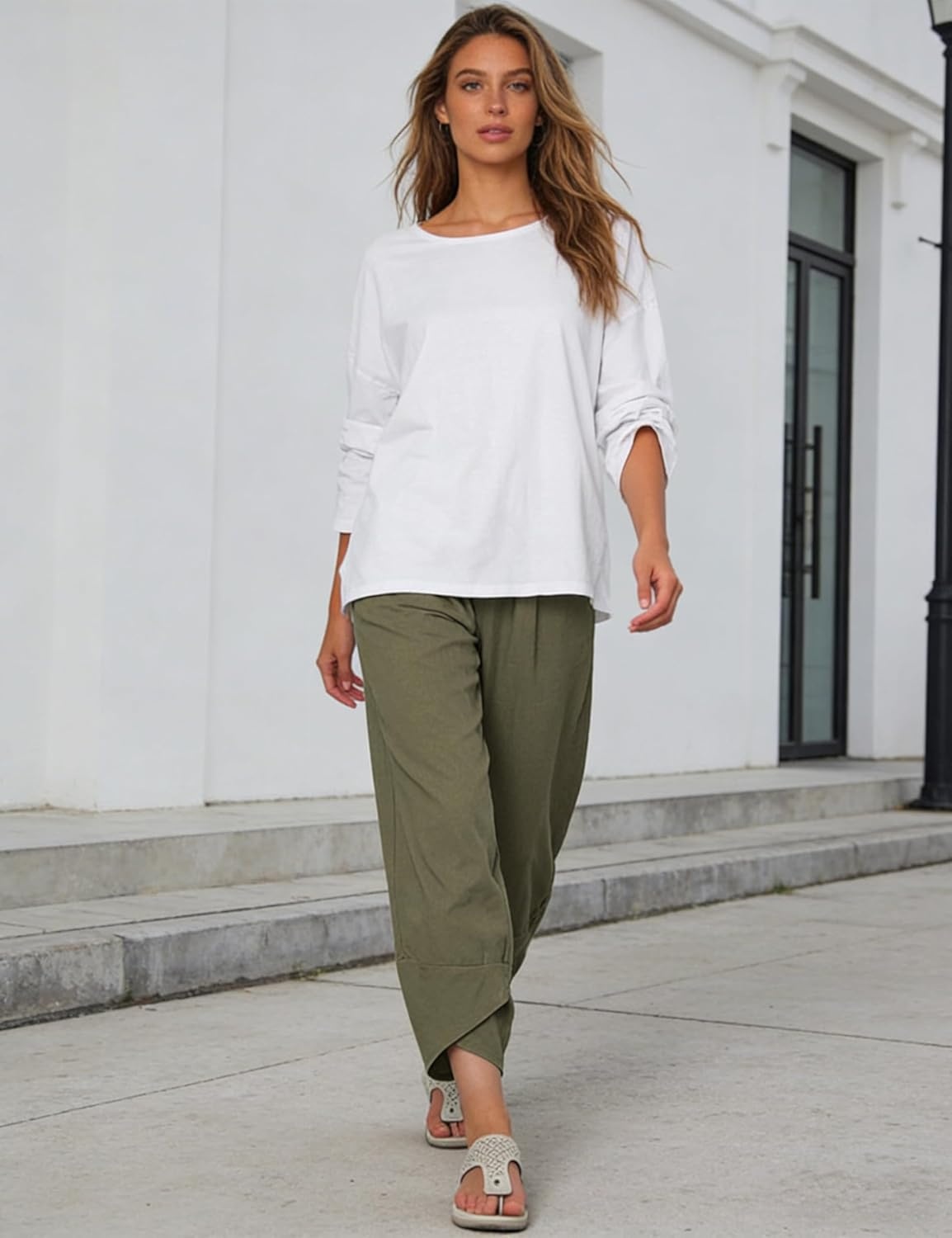imageSpringrain Womens Capri Pants Casual Summer Cotton Linen Cropped Tulip Pants Lounge Pants TrousersArmygreen