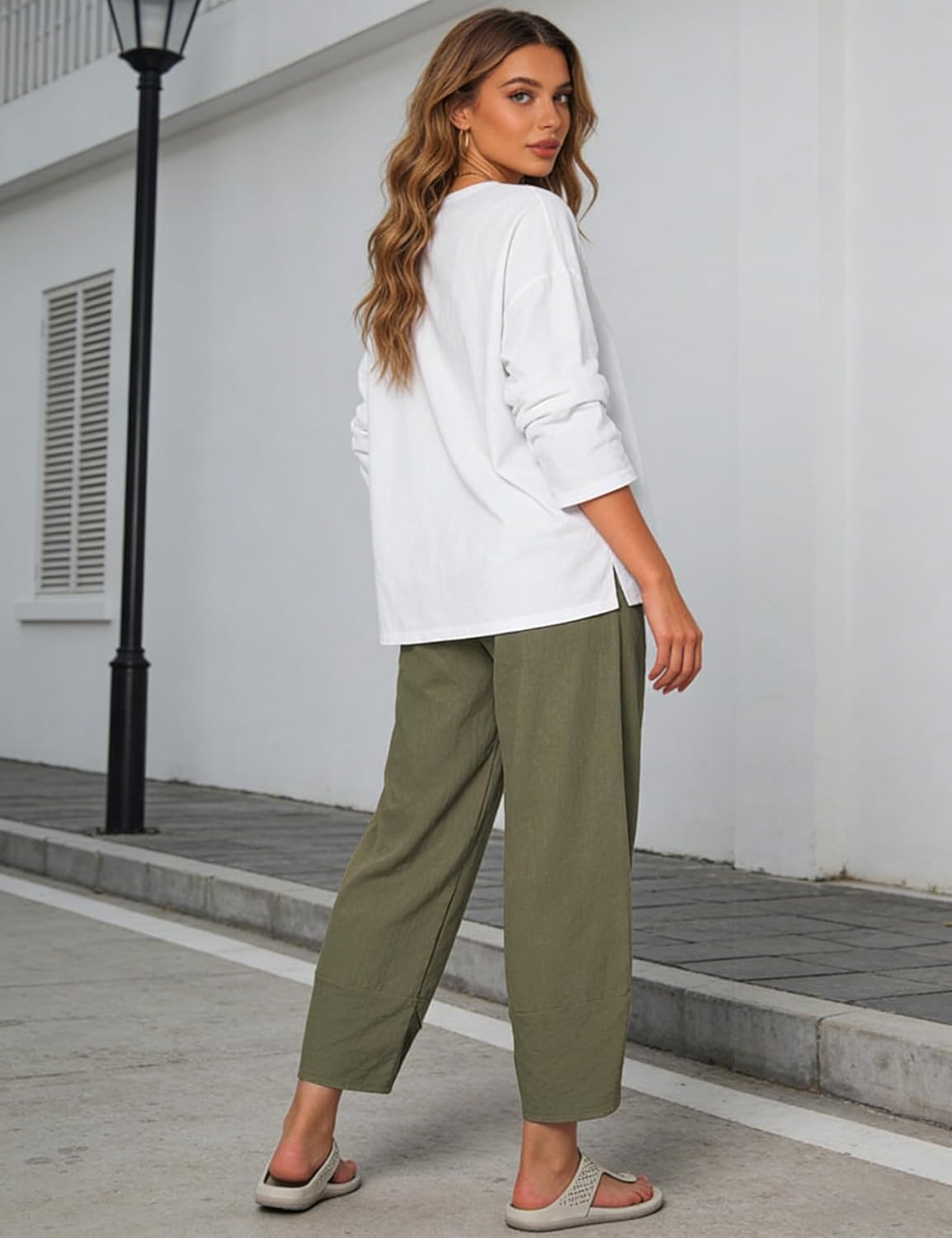 imageSpringrain Womens Capri Pants Casual Summer Cotton Linen Cropped Tulip Pants Lounge Pants TrousersArmygreen