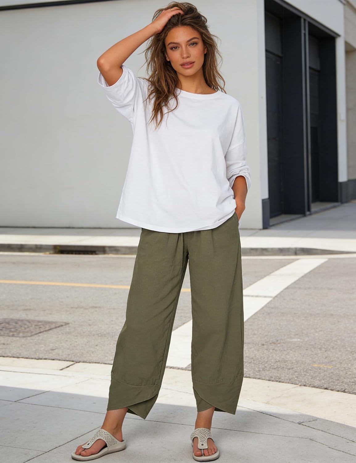imageSpringrain Womens Capri Pants Casual Summer Cotton Linen Cropped Tulip Pants Lounge Pants TrousersArmygreen