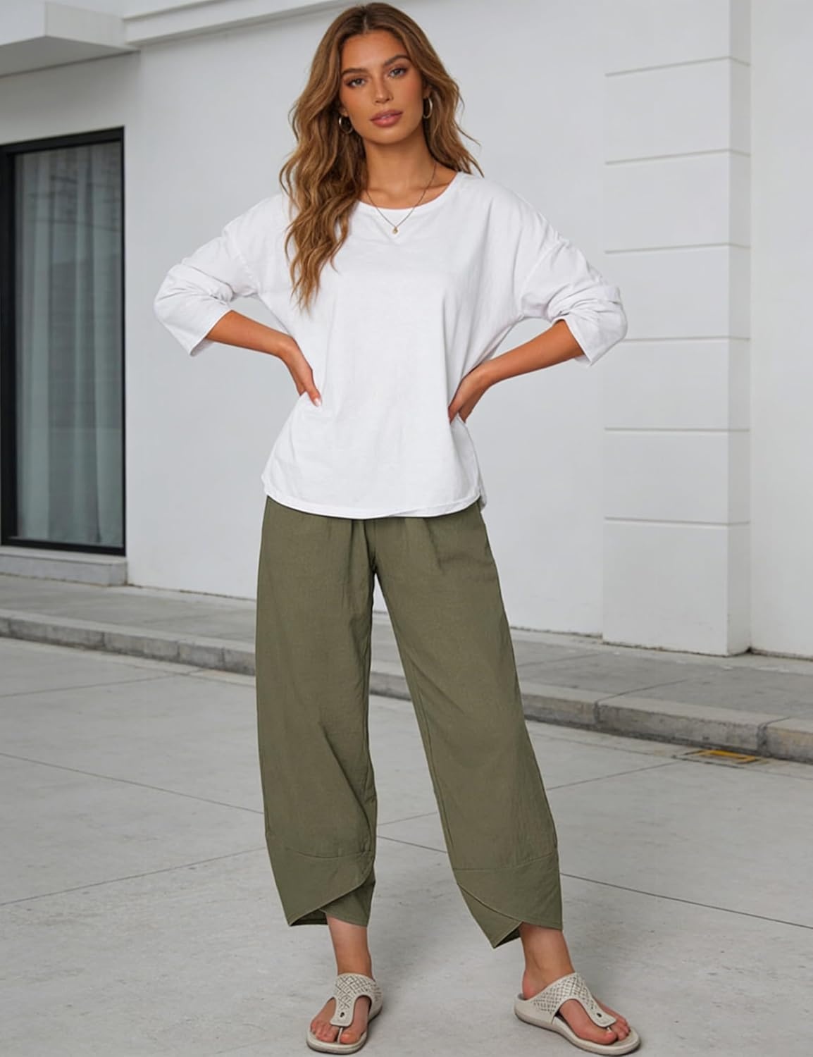 imageSpringrain Womens Capri Pants Casual Summer Cotton Linen Cropped Tulip Pants Lounge Pants TrousersArmygreen