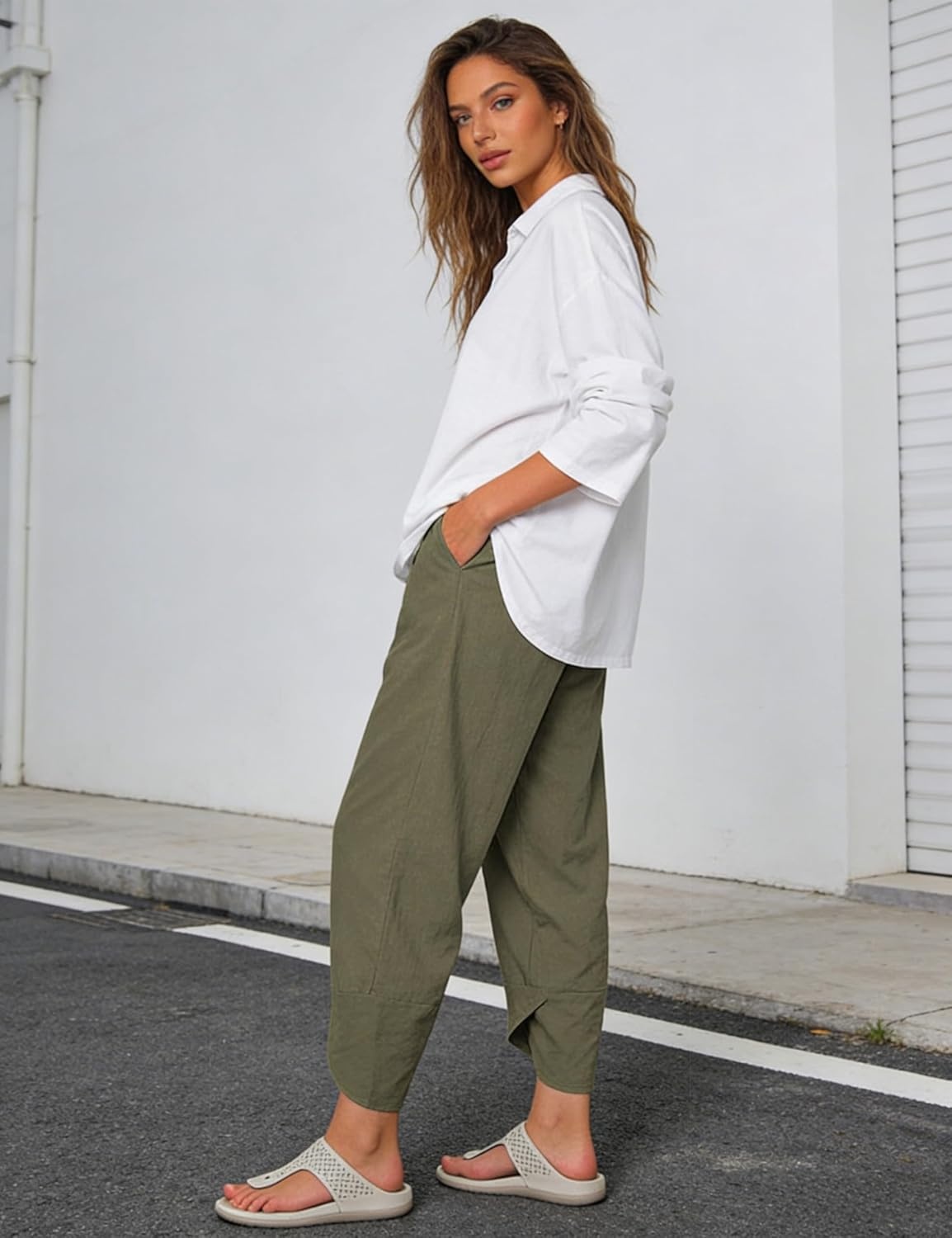 imageSpringrain Womens Capri Pants Casual Summer Cotton Linen Cropped Tulip Pants Lounge Pants TrousersArmygreen