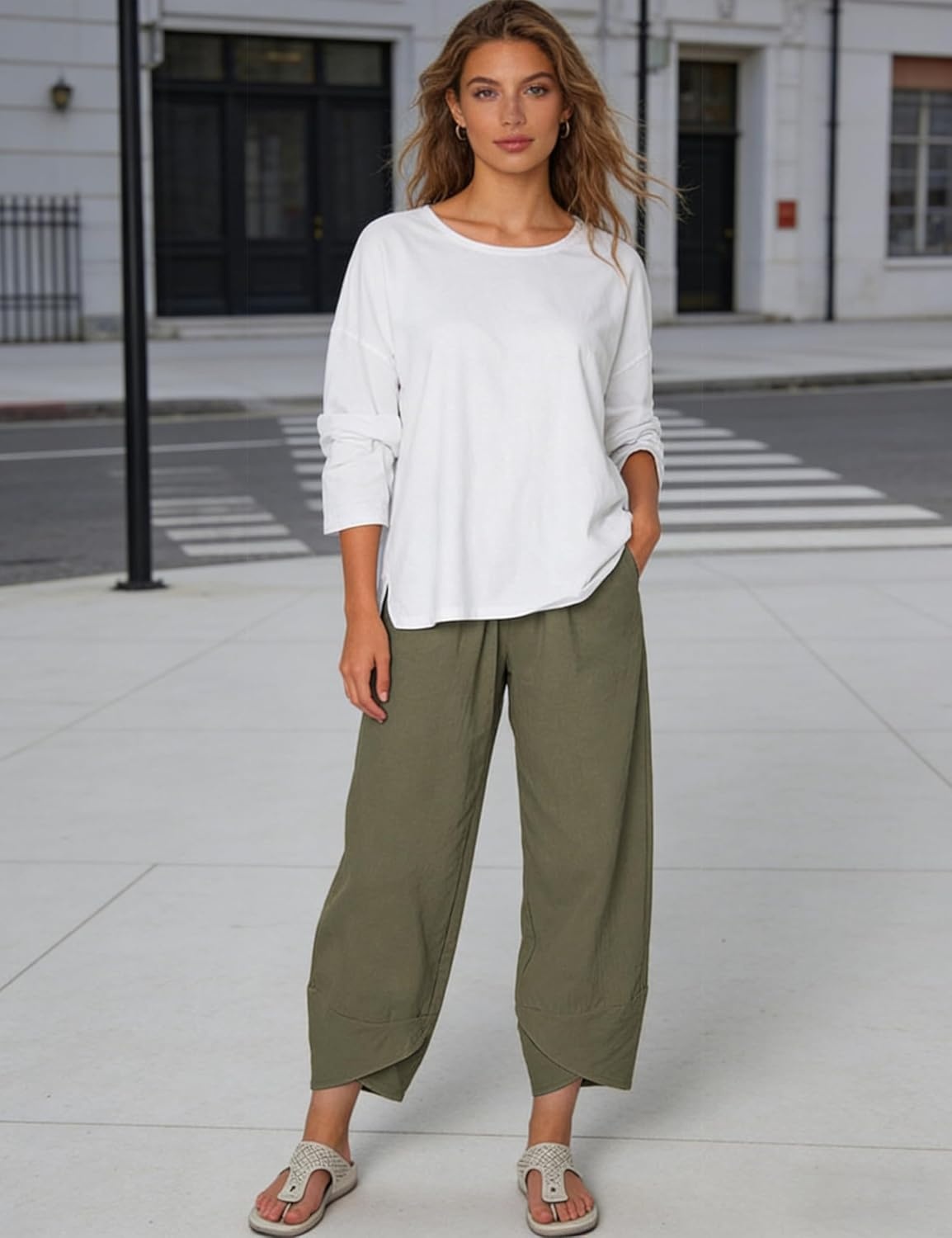 imageSpringrain Womens Capri Pants Casual Summer Cotton Linen Cropped Tulip Pants Lounge Pants TrousersArmygreen